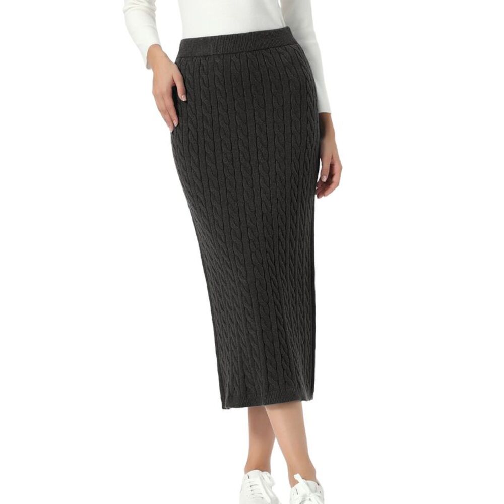 Women Cable Knit Sweater Skirt Elastic Waist Straight Skirt Black